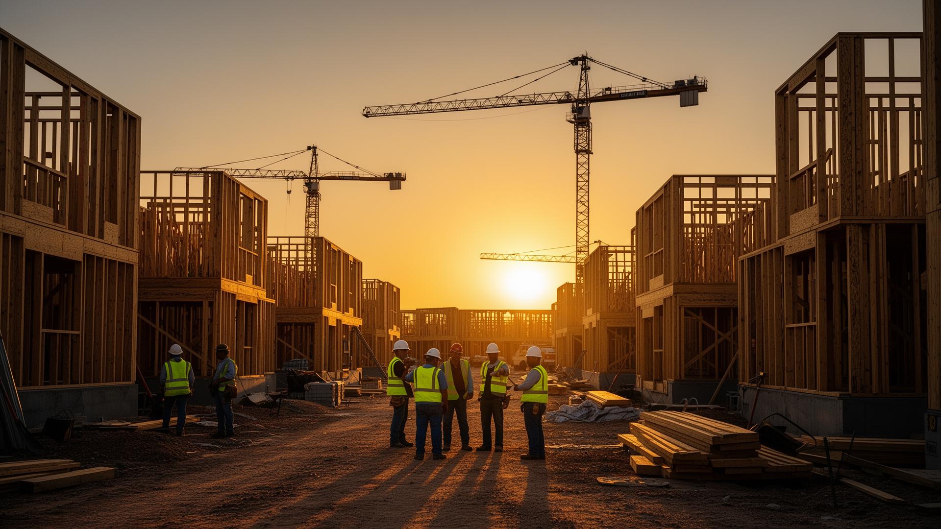 TJE Services crew on a multi-family construction site at sunset in Texas